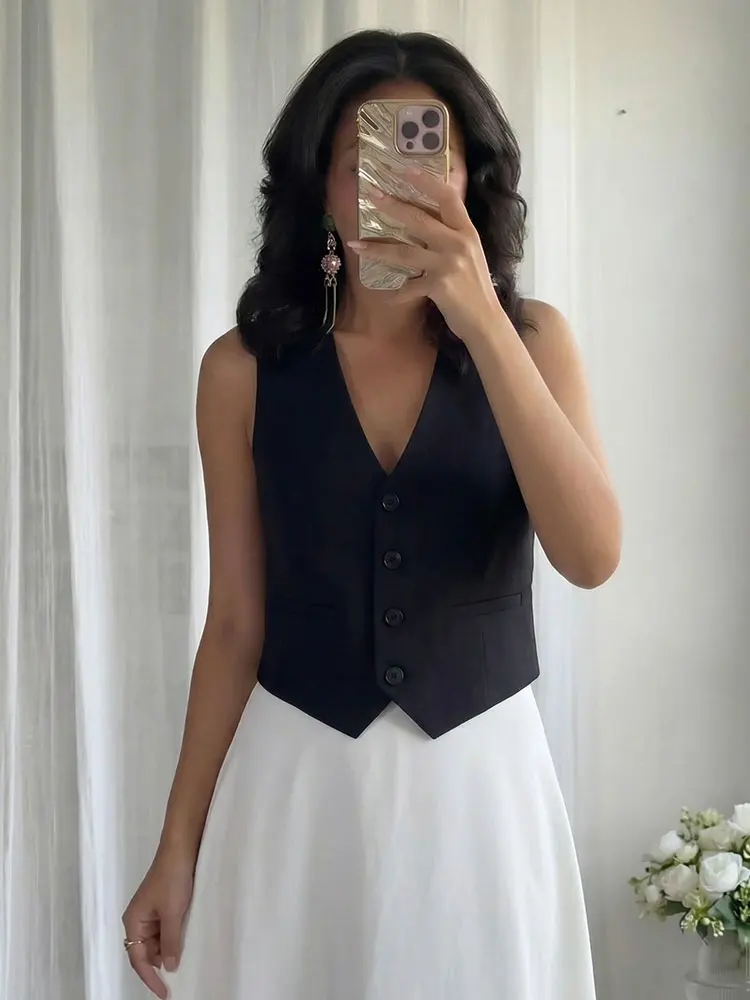 HH Women Fashion Solid Suit Vest Sleeveless Cropped Waistcoat Tops Vests Spring Summer Casual Office Lady Chic Tops