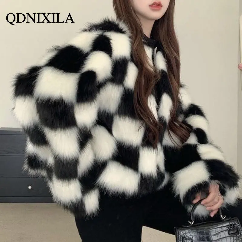 

Winter Jacket Women 2023 Faux Fur Coat Women Black and White Chessboard Check Mink Thickened Fur Jacket New in Outdoor Clothes