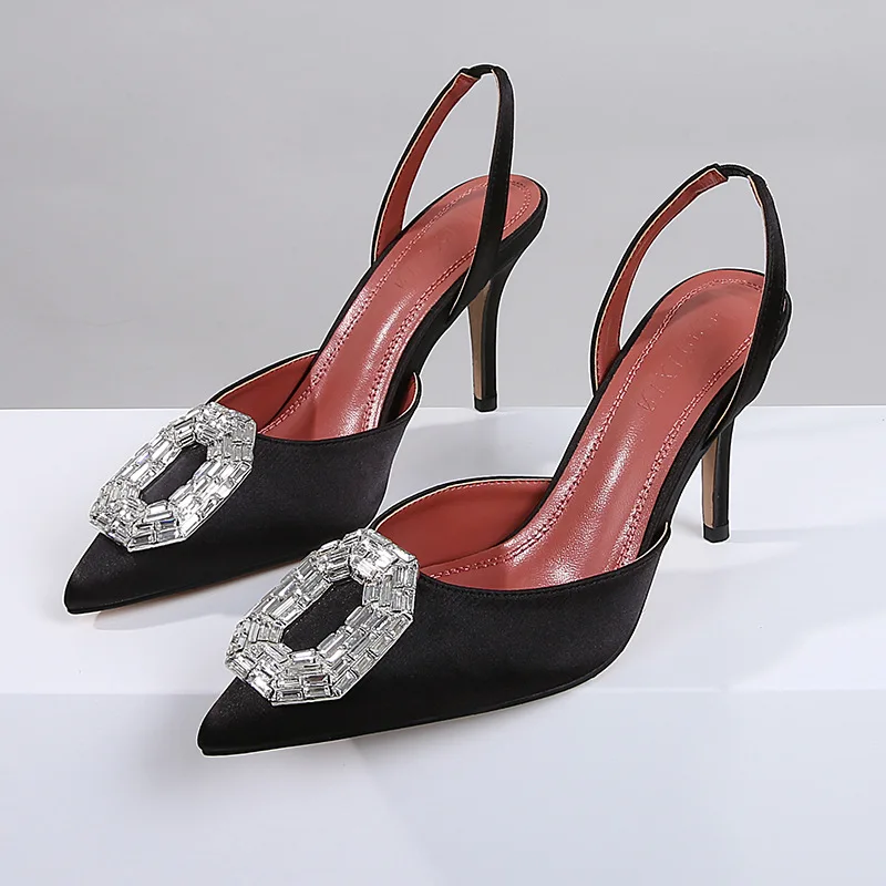 Spring and summer new pointed silk patent leather rhinestone single shoes sthigh-heeled banquet dress large size women's sandals