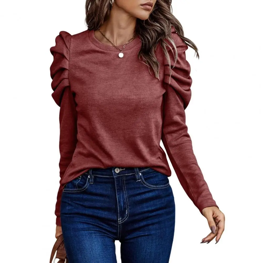 

Fashion Women Blouse Top O Neck Solid Color Puff Sleeve Pullover Casual Long Sleeve Loose Commuter Women Clothes blusa feminina