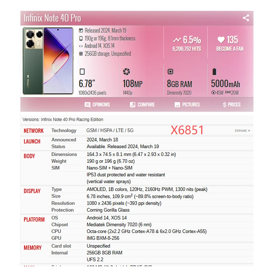 인피닉스 노트 40 프로 4G X6850 터치 스크린 전면 외부 유리 패널 렌즈 (인피닉스 노트 40 프로+ X6851B용) OCA 교체 포함