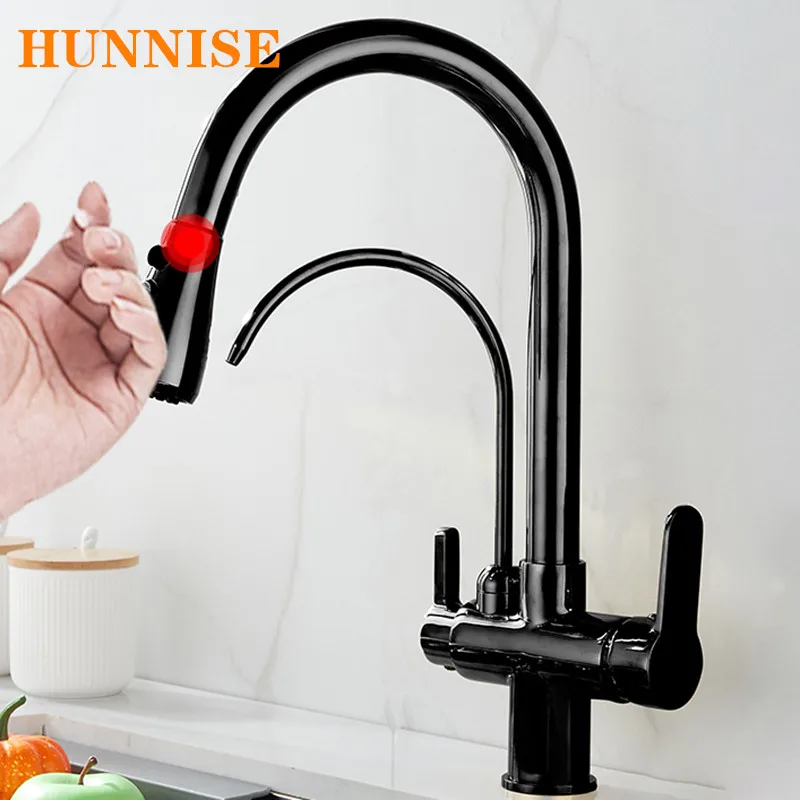 Black Touch Filter Kitchen Faucets 3 Ways Drinking Pure Water Faucet Hot Cold Pull Out Kitchen Mixer Tap Sensor Kitchen Faucet