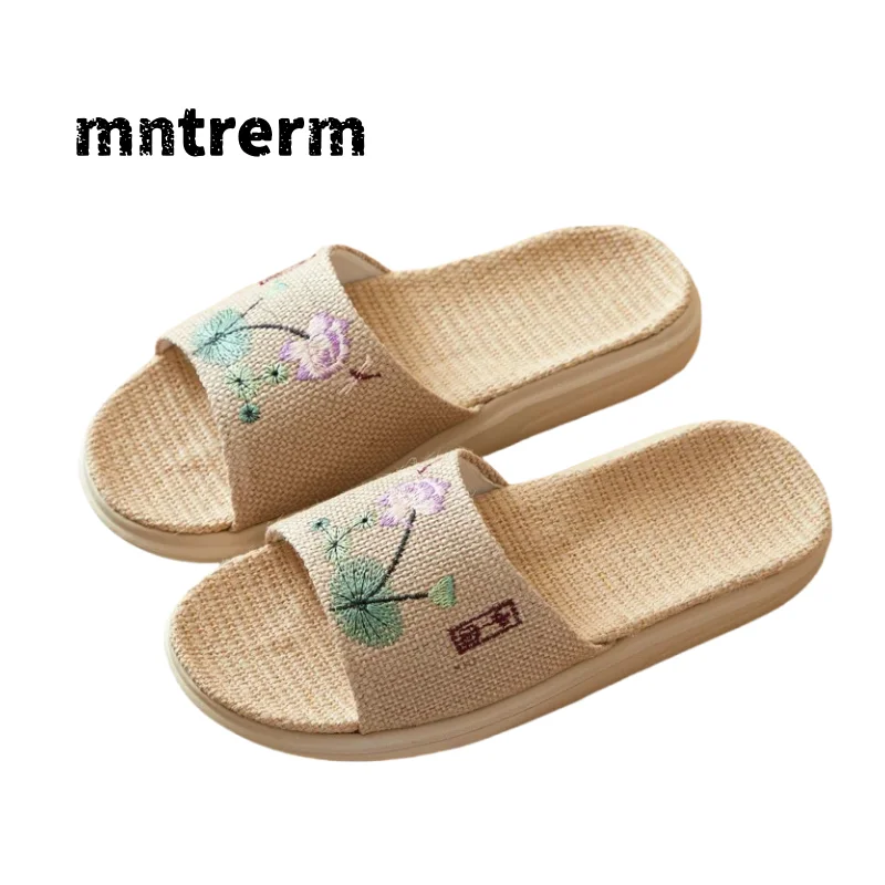 Flax cotton and linen slippers women open thick-soled embroidery couple home slippers