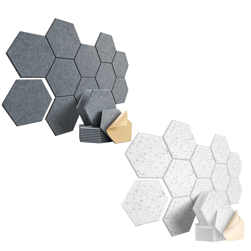 12Pcs Self-Adhesive Sound Proof Foam Acoustic Panels Reduce Noise And Eliminate Echoes 12X10X0.4In Hexagonal ,Silver Gray