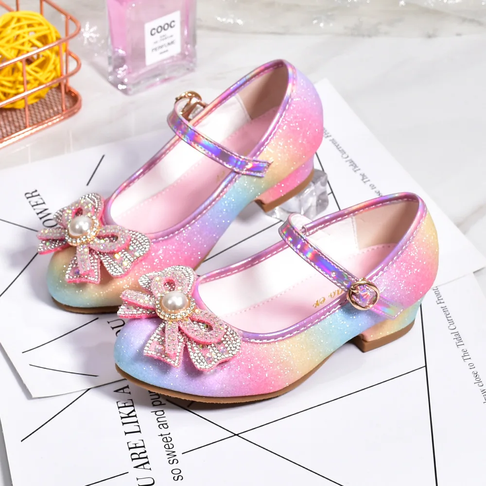 Leather Shoes Girls Shoes Girls High Heel Shoes Girls' Leather Princess Shoes Children's Shoes Round-Toe Soft-Sole Girls High Heel Princess Crystal Party Dance