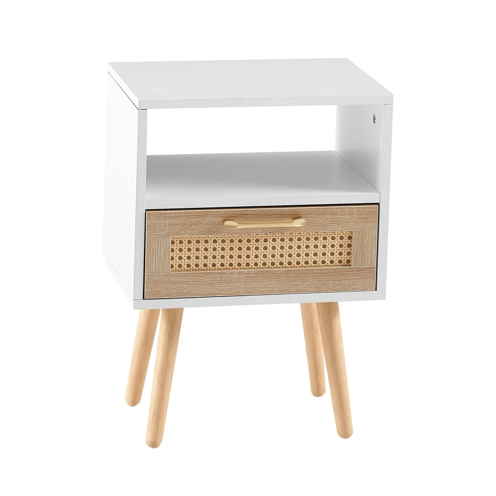 Rattan-Beistelltisch mit Aufbewahrungsschublade und Massivholzbeinen, Moderner Multifunktionaler Nachttisch für Schlafzimmer und Wohnmöbel – Detail 20