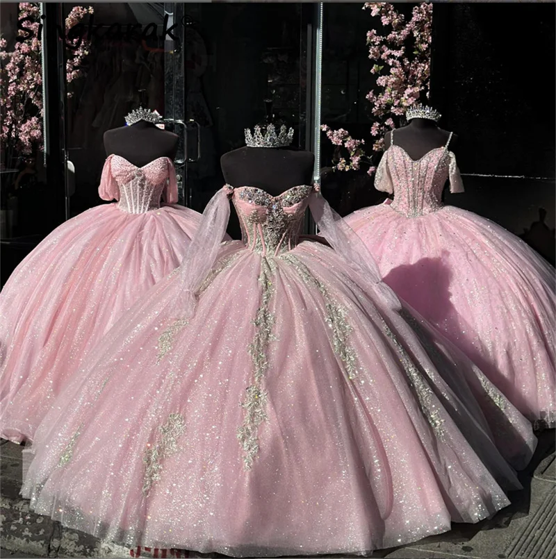 

Sweet Pink Princess Quinceanera Dresses 2024 Lace Beads Crystals Sweet 15 Birthday Party Gowns Luxury Girl Vestidos De 15 Años