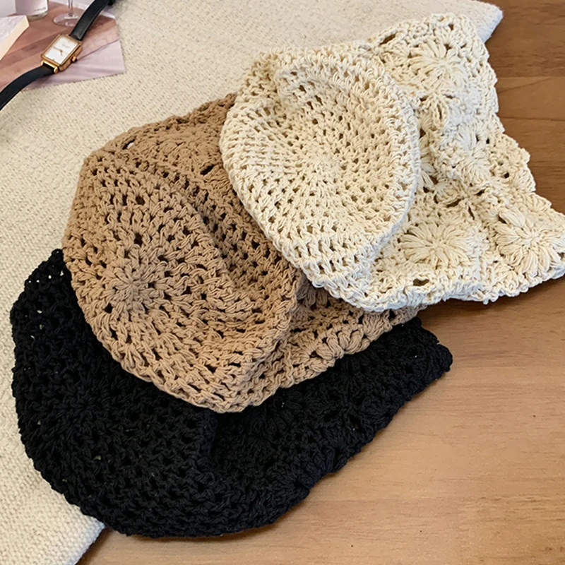 Handmade Crochet Hollow Head Japan Knit Cap Spring Summer Retro Casual Turban Fashion Melon Mesh Hat Pullover Hat Breathable 6