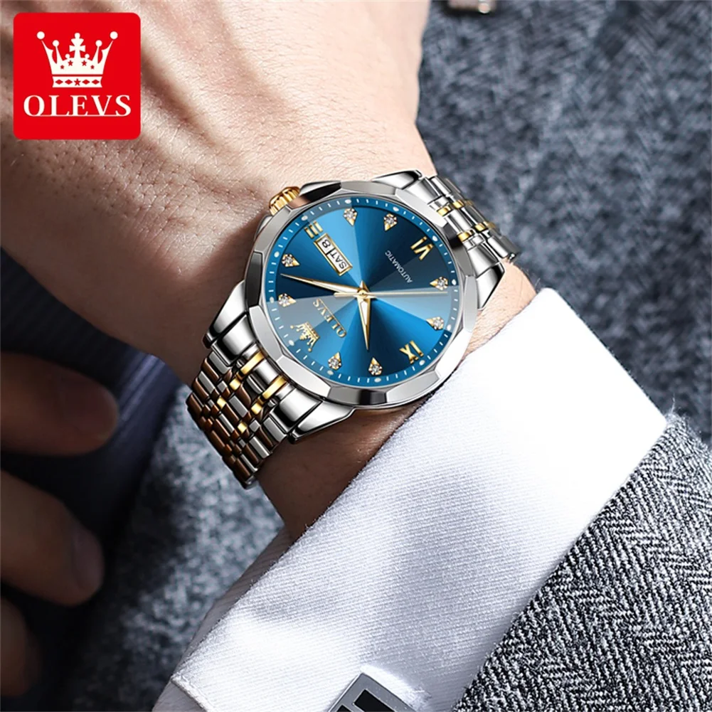 OLEVS 9982 Watch For Men Fashion Dual Calendar Mechanical Man Watch Rhombus Mirror Luxury Waterproof Luminous Dress Wristwatch