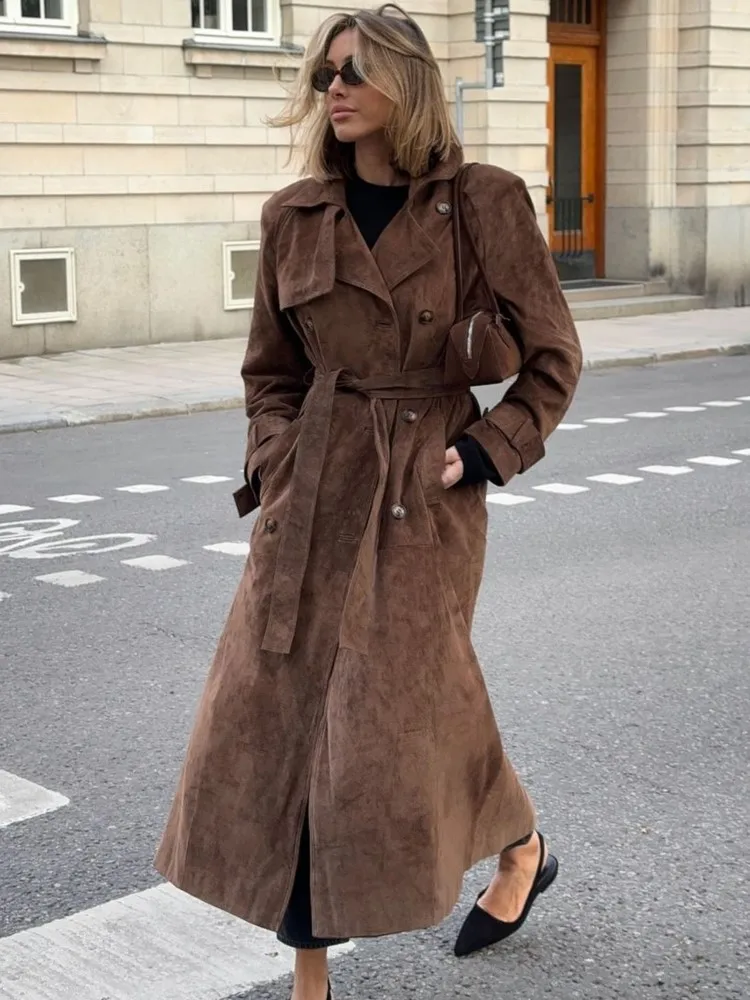 Belt Suede Long Trench Coat Women Loose Casual Velvet Maillard Windbreaker Outwear Autumn Double Breasted Commute Overcoat