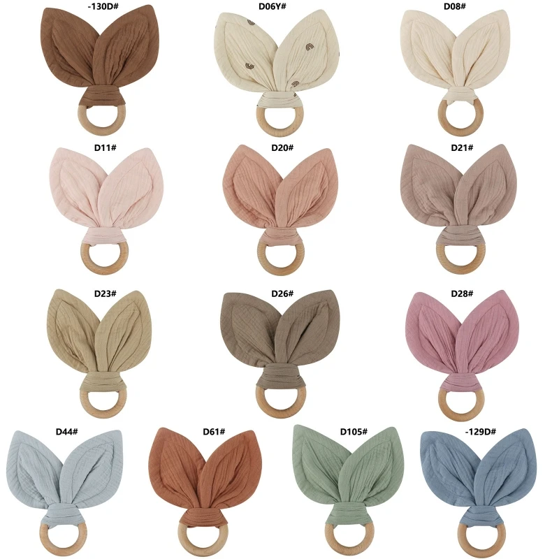 

HUYU Baby Wooden Ring Teether Soft Cotton Rabbit Ear Comforting Toy Teething Sensory Shower Gift for Infants Newborn