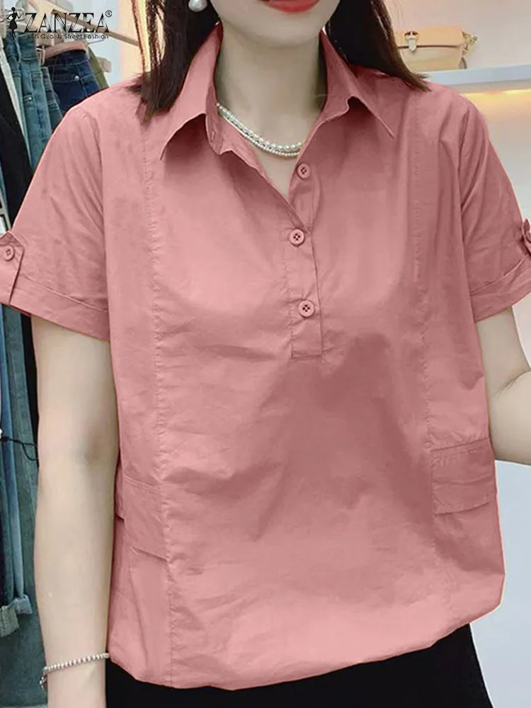 

Блузка ZANZEA Женская однотонная с коротким рукавом, Повседневная Уличная одежда с отложным воротником в Корейском стиле, модная шикарная рубашка в стиле пэчворк