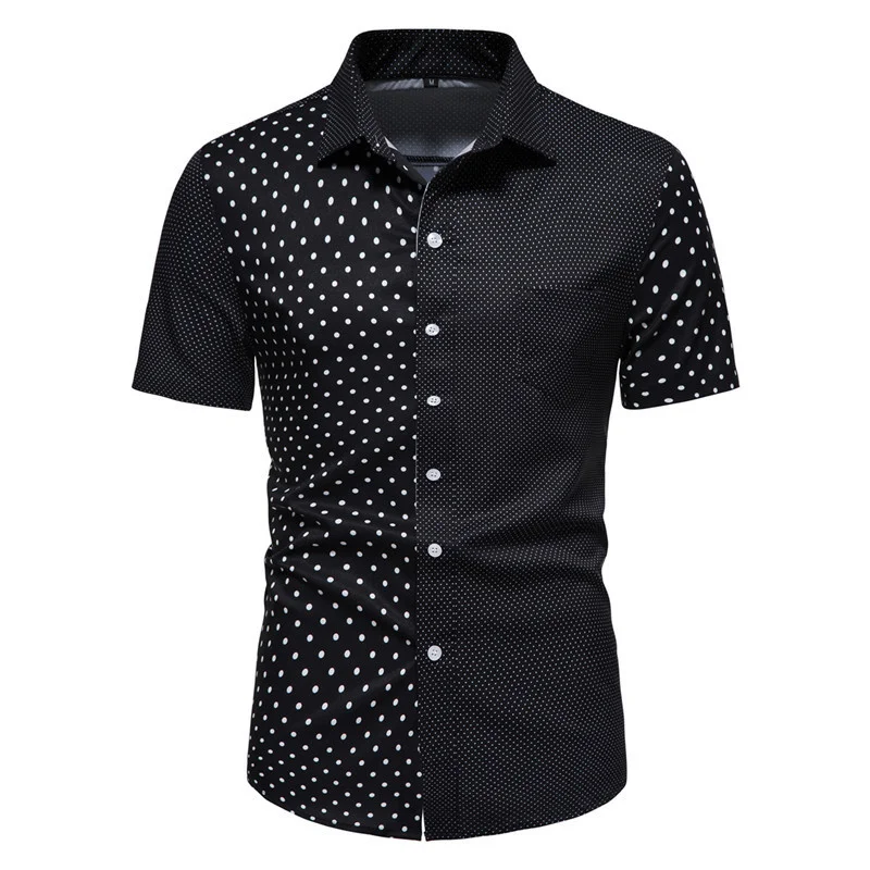

#4723 Polka Dot Printed Shirt Mens Short Sleeve Pockets Mens Dress Shirts Black White Mens Shirts Casual Slim Fit Summer