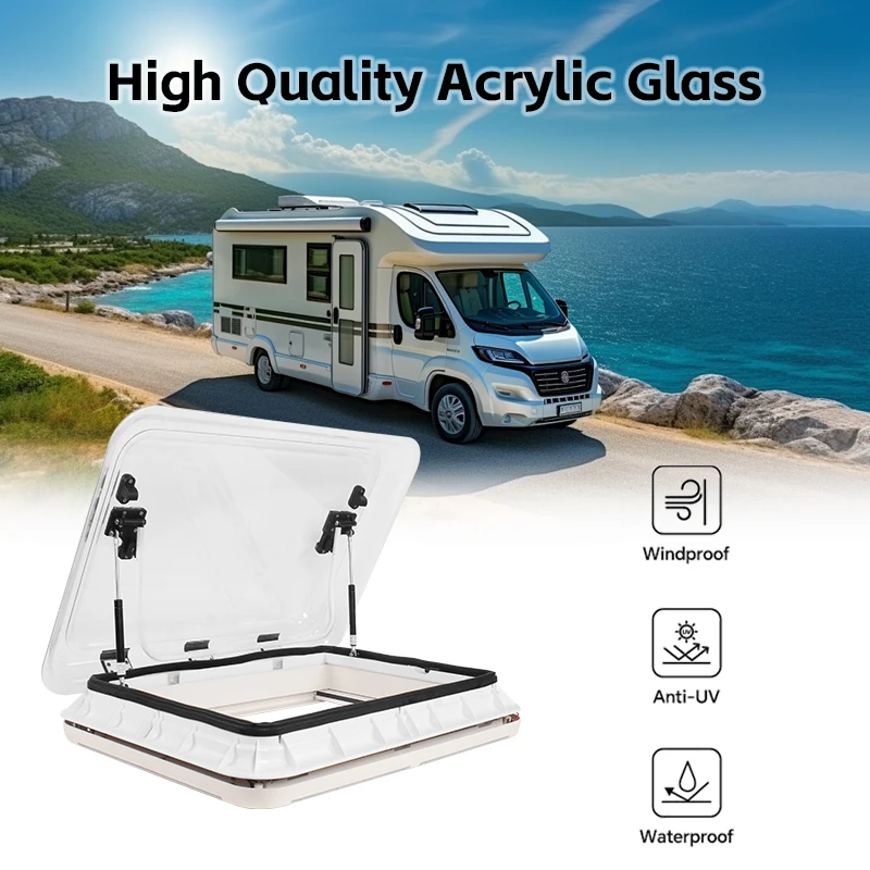 Description Picture 3 of item700 * 500 Camper Top Rv Car Roof Window with Led Light Pleated Curtain and Flying Screen Acrylic Glass