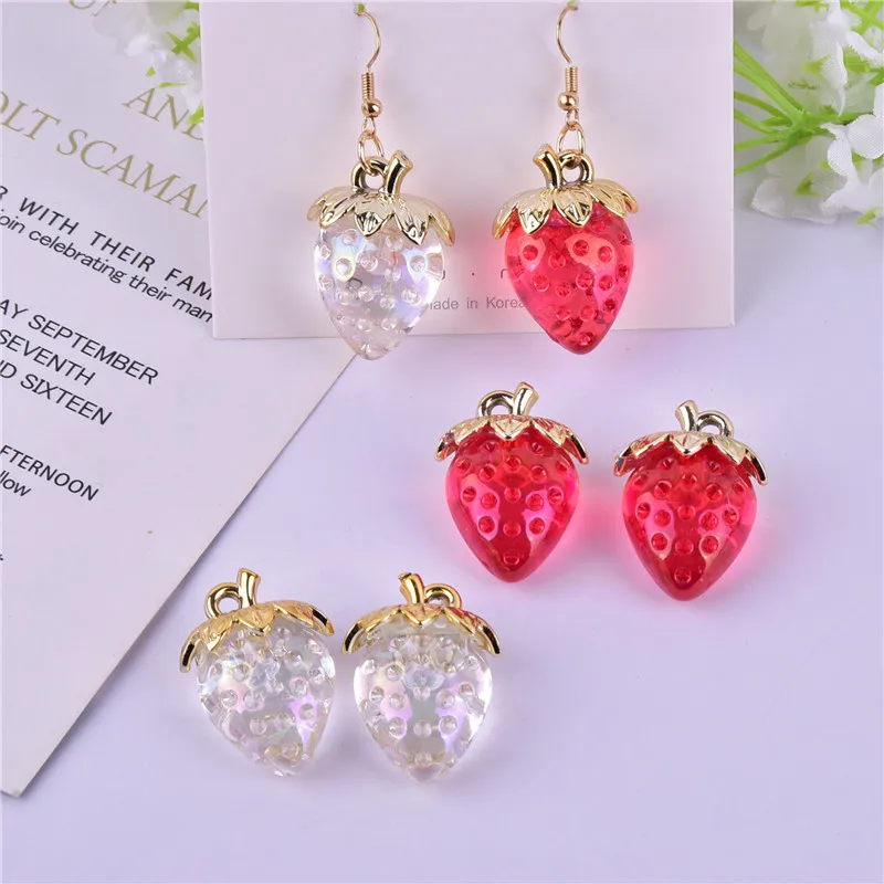 Mix 10 teile/paket 3D Erdbeere Bling Weiß und Rot Farbe Obst Harz Charme Ohrring DIY Mode Schmuck Zubehör
