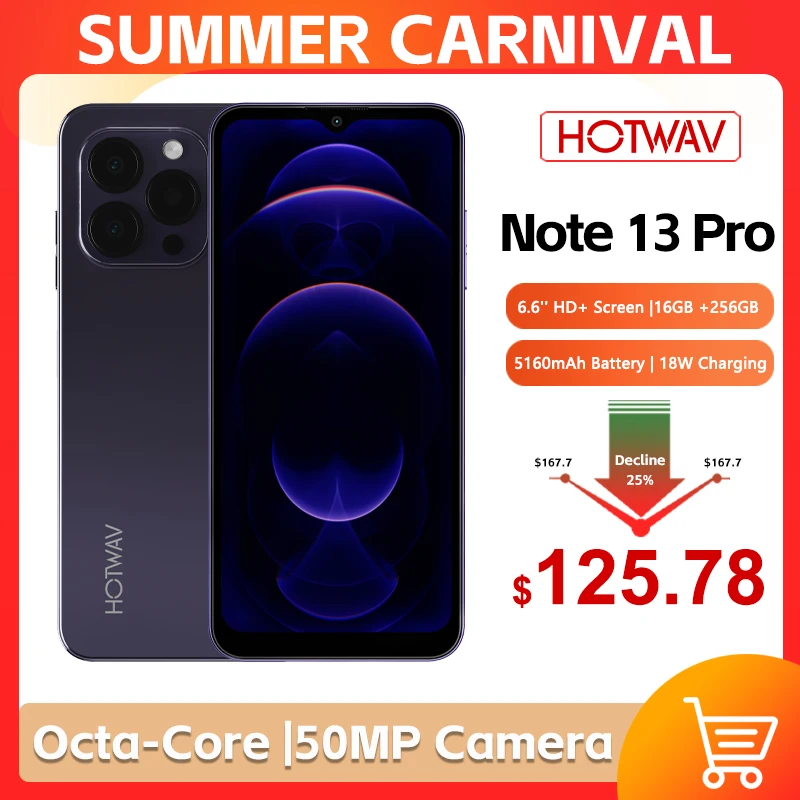 

Смартфон HOTWAV Note 13 Pro, 6,6 дюйма, HD + 16 ГБ + 256 ГБ, 8 ядер, 50 МП, 5160 мАч