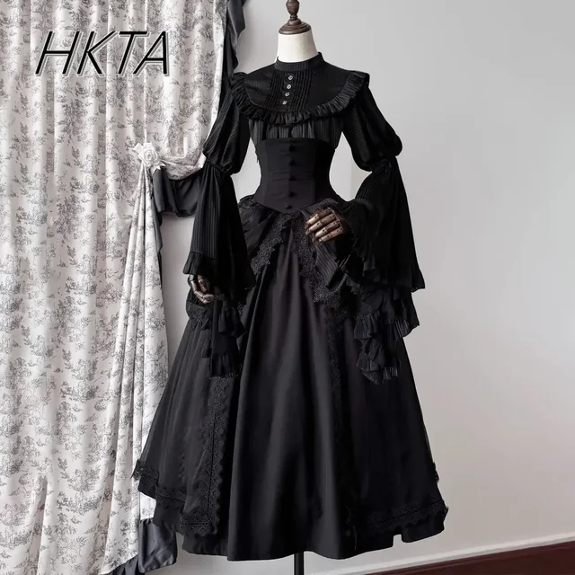 Lolita Shirts Pure White Black Ji Sleeves Shirt SK Fishbone High Waist Skirt Women Dark Goth Slim Blouse Long Skirt 2-piece Set