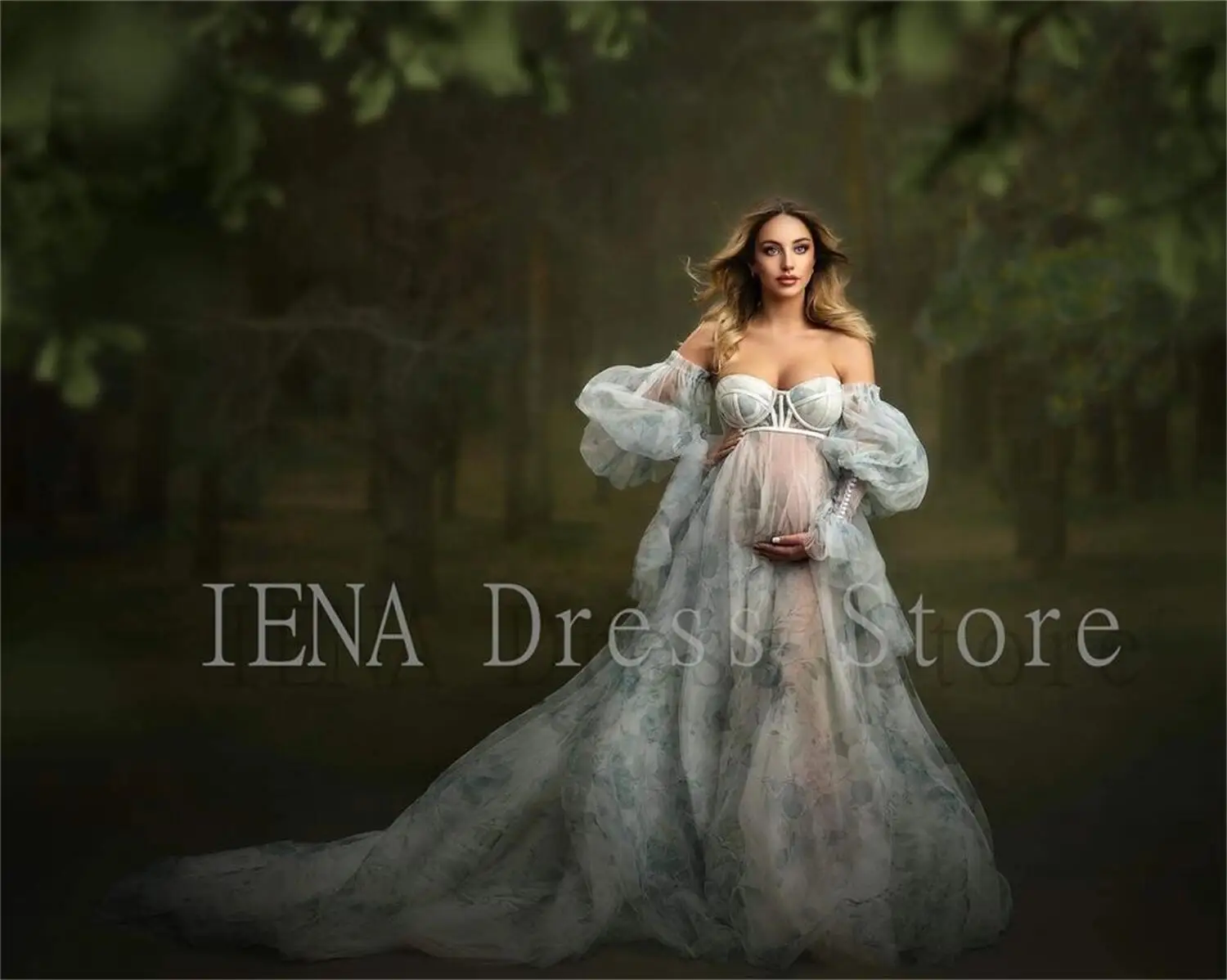 Floral Printing Maternity Dresses Photography Pregnant Gowns Removable Sleeve Pregnancy Women Photoshoot Dress 14509#