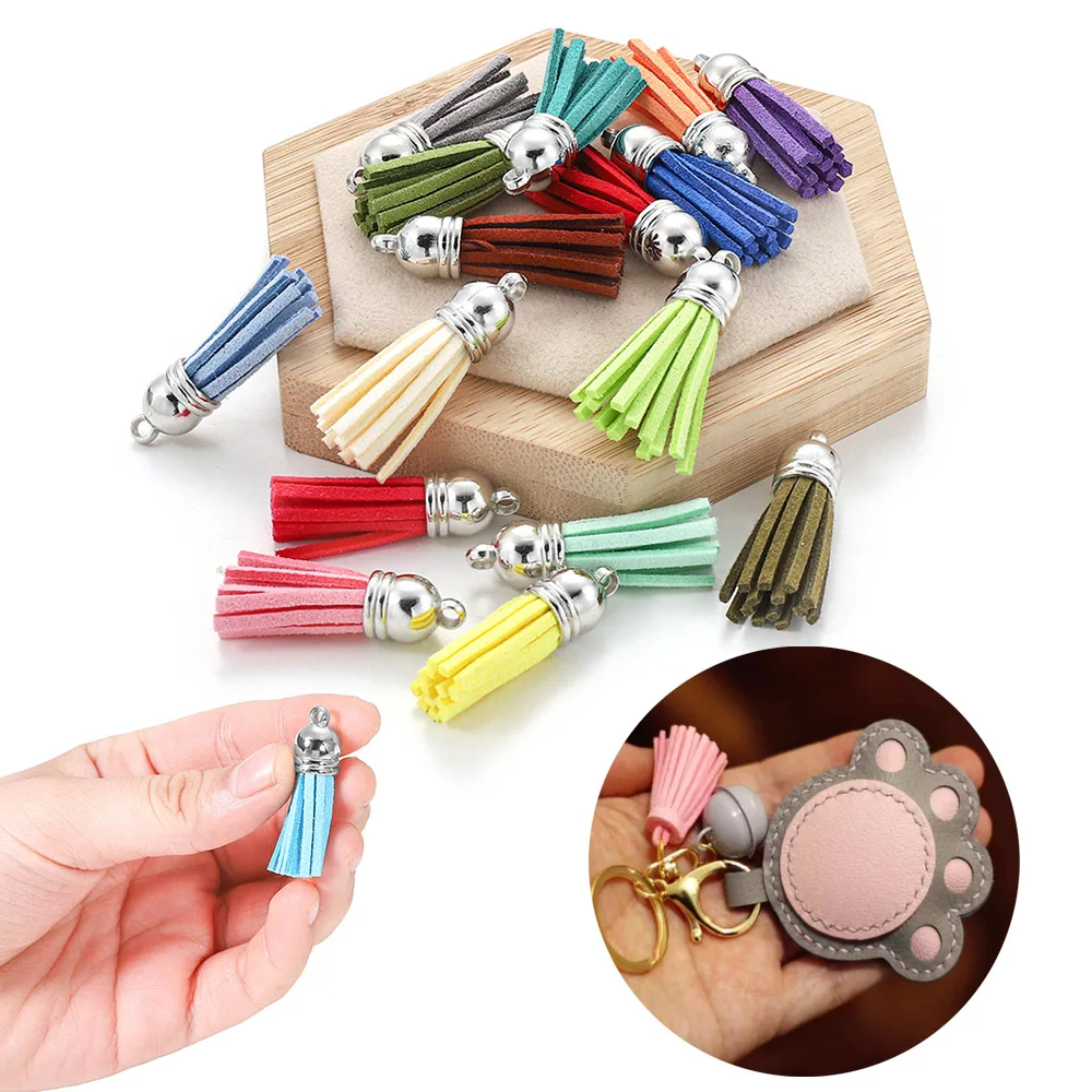 Elegant Leather Tassel Charms with Gold and Silver Caps - Set of 20 for DIY Jewelry and Keychain Crafts