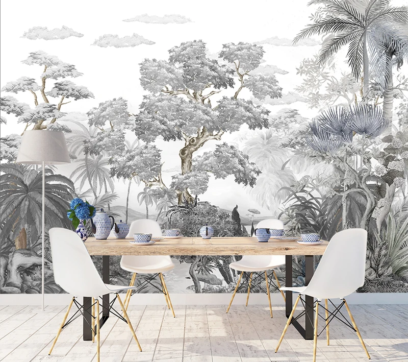 e branco europeu mural floresta retro pintados a mao selva linha pintura 05