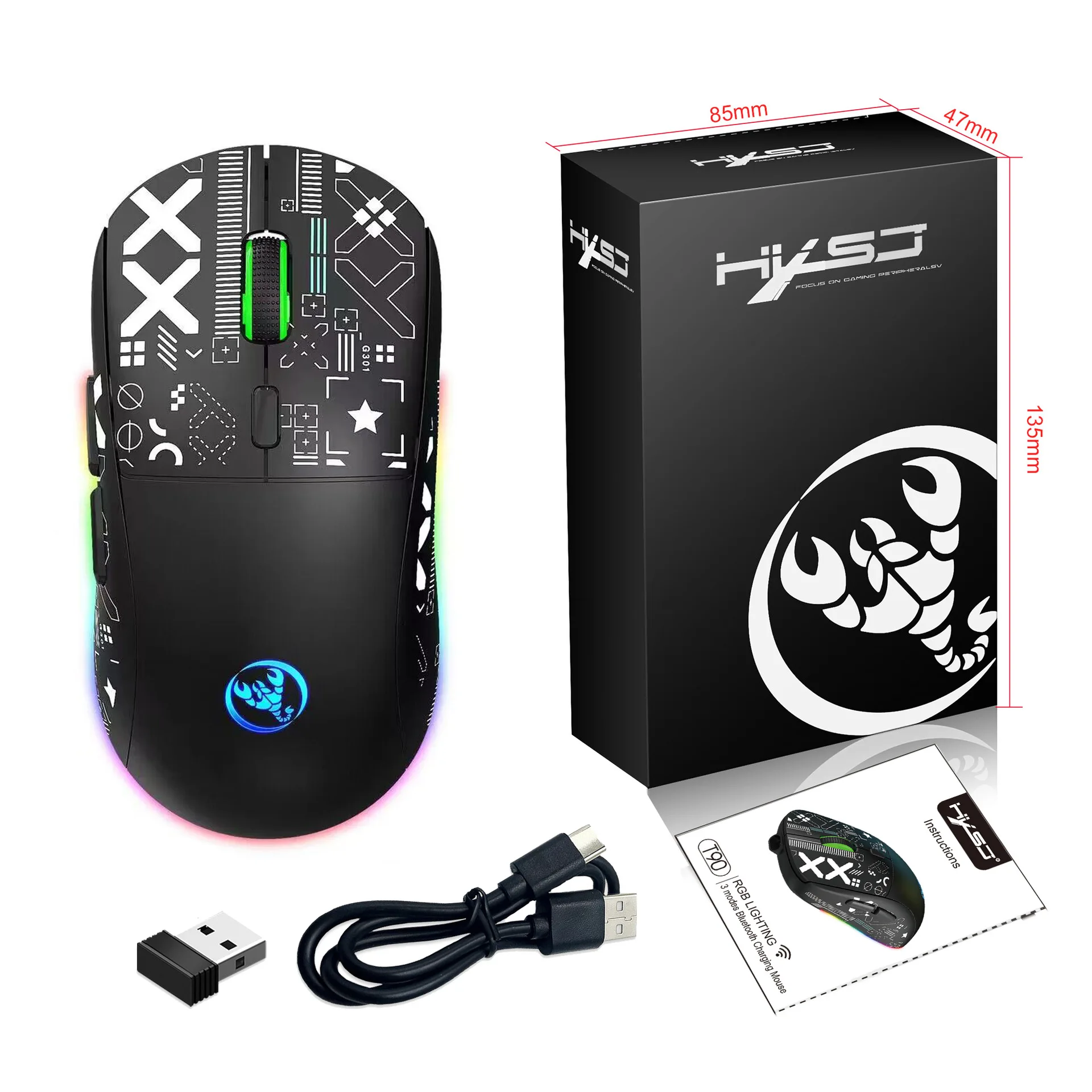 무선 게임 마우스 물 전송 Slient RGB 발광 마우스, TYPE-C 충전 지지대, T90 3 모드, 2.4G, BT1, BT2, 도매
