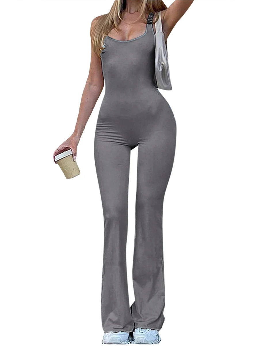 2023 New Women\'S Tank Top Suspenders Flared Pants Jumpsuit Sleeveless Square Collar Solid Color Sports Casual Jumpsuit Leggings
