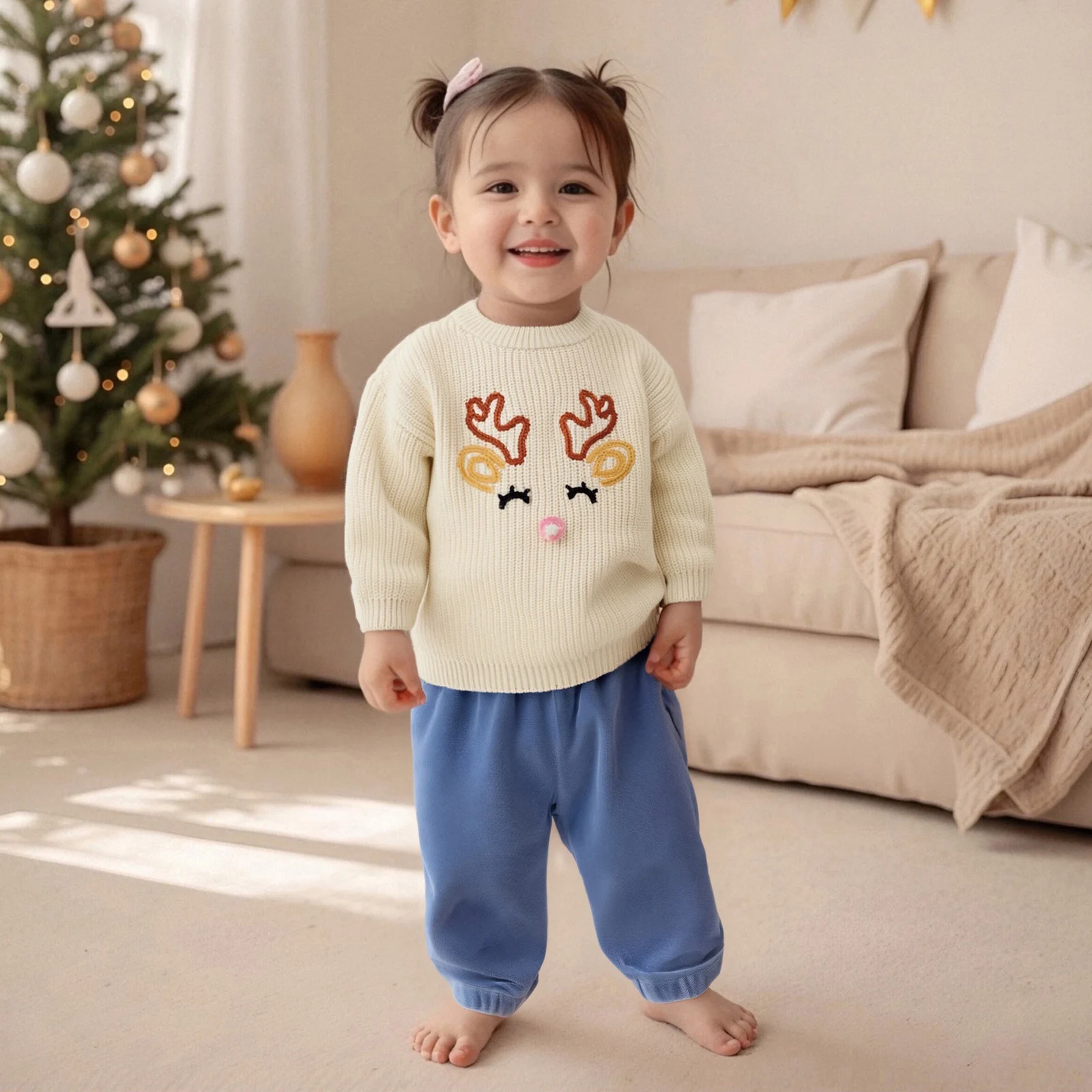 0-4Y 어린이  소녀 소년 크리스마스 스웨터 귀여운 긴 소매 순록/편지 자수 니트 풀오버 탑  따뜻한 점퍼