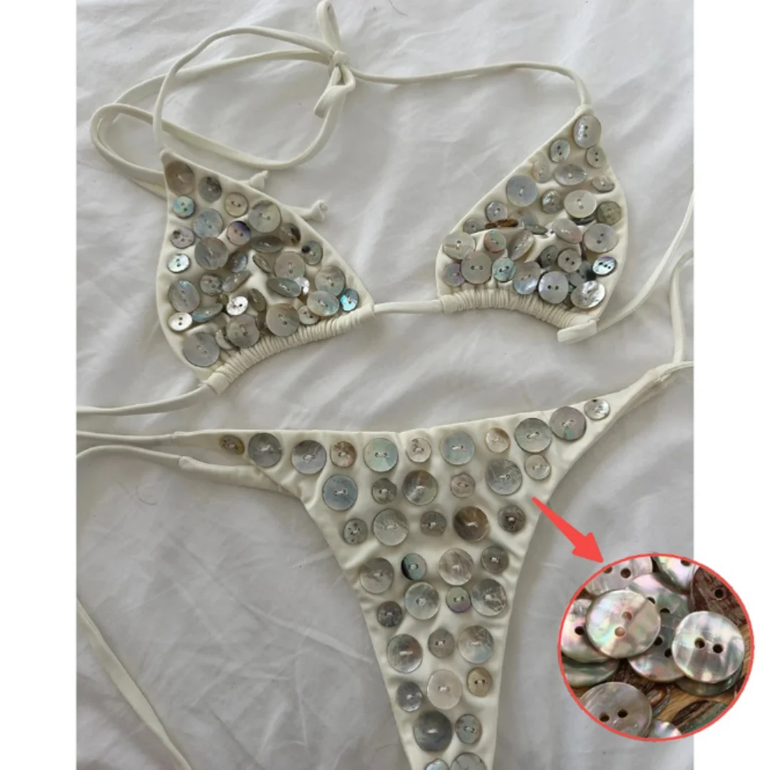 Summer new bikini without chest cushion rope bikini colorful shell button decoration beach hot spring swimsuit