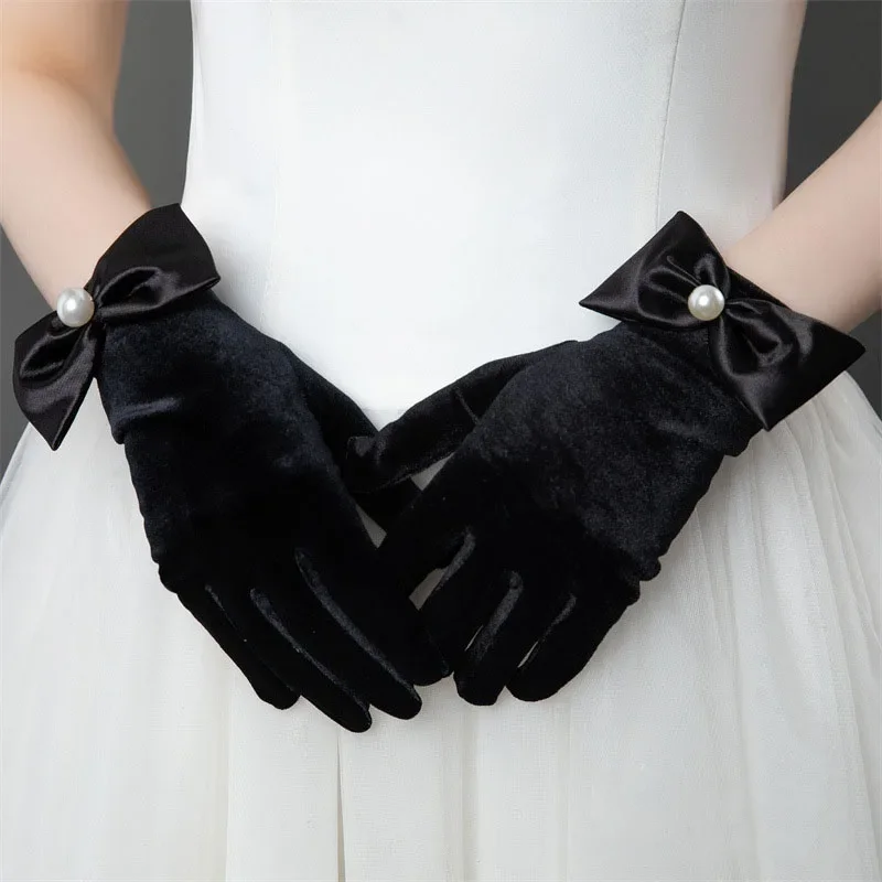 Retro Velvet Bowknot Gloves Women Etiquette Studio Photography Accessories Bride Dress Mittens Lady Short Drive Gloves