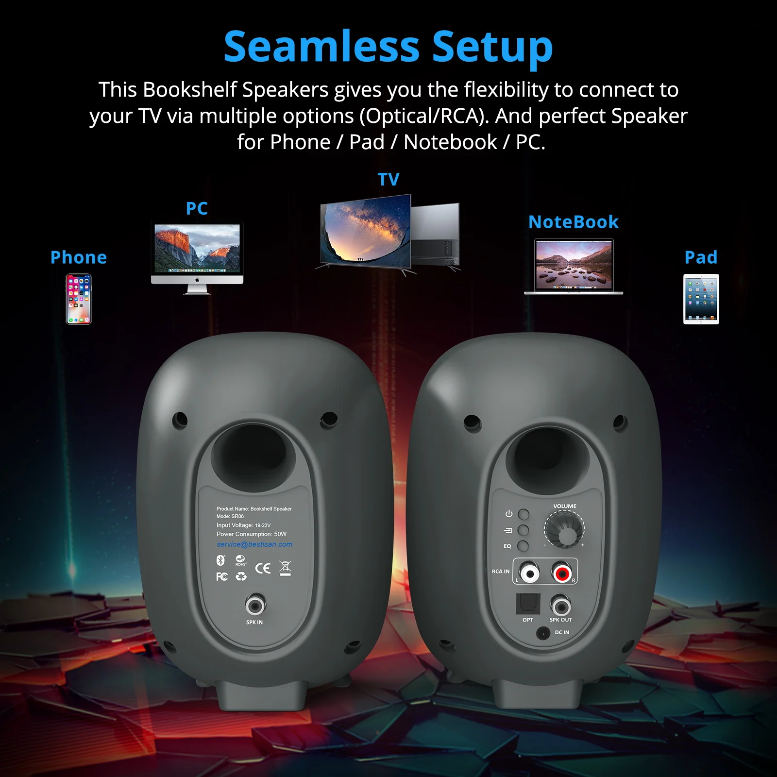 50W Bookshelf Active Bluetooth Speaker Home Theatre Sound System TV Computer Speaker Bass Effect OPT RCA For PC TV