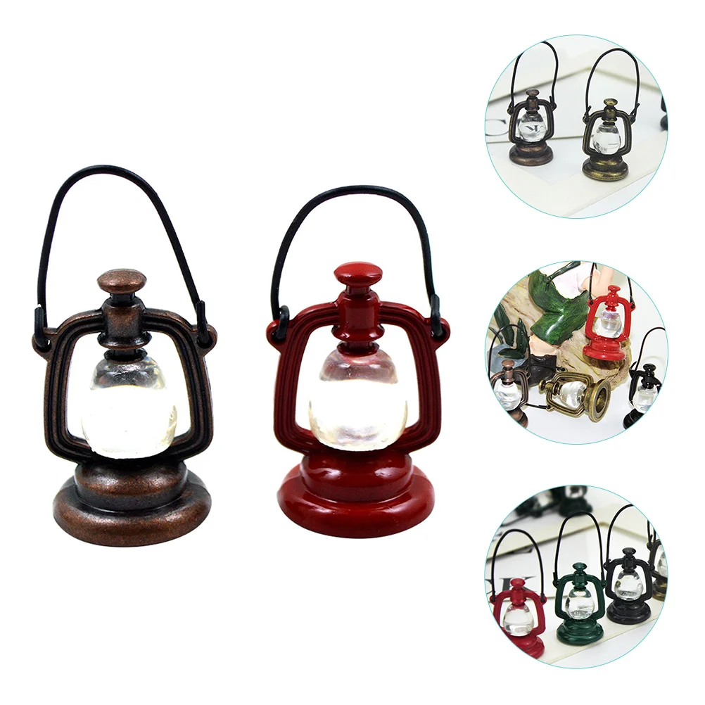 

2 Pcs Mini Kerosene Lamp Dollhouse Lights Miniature Lamps Furniture Lighting Alloy Vintage