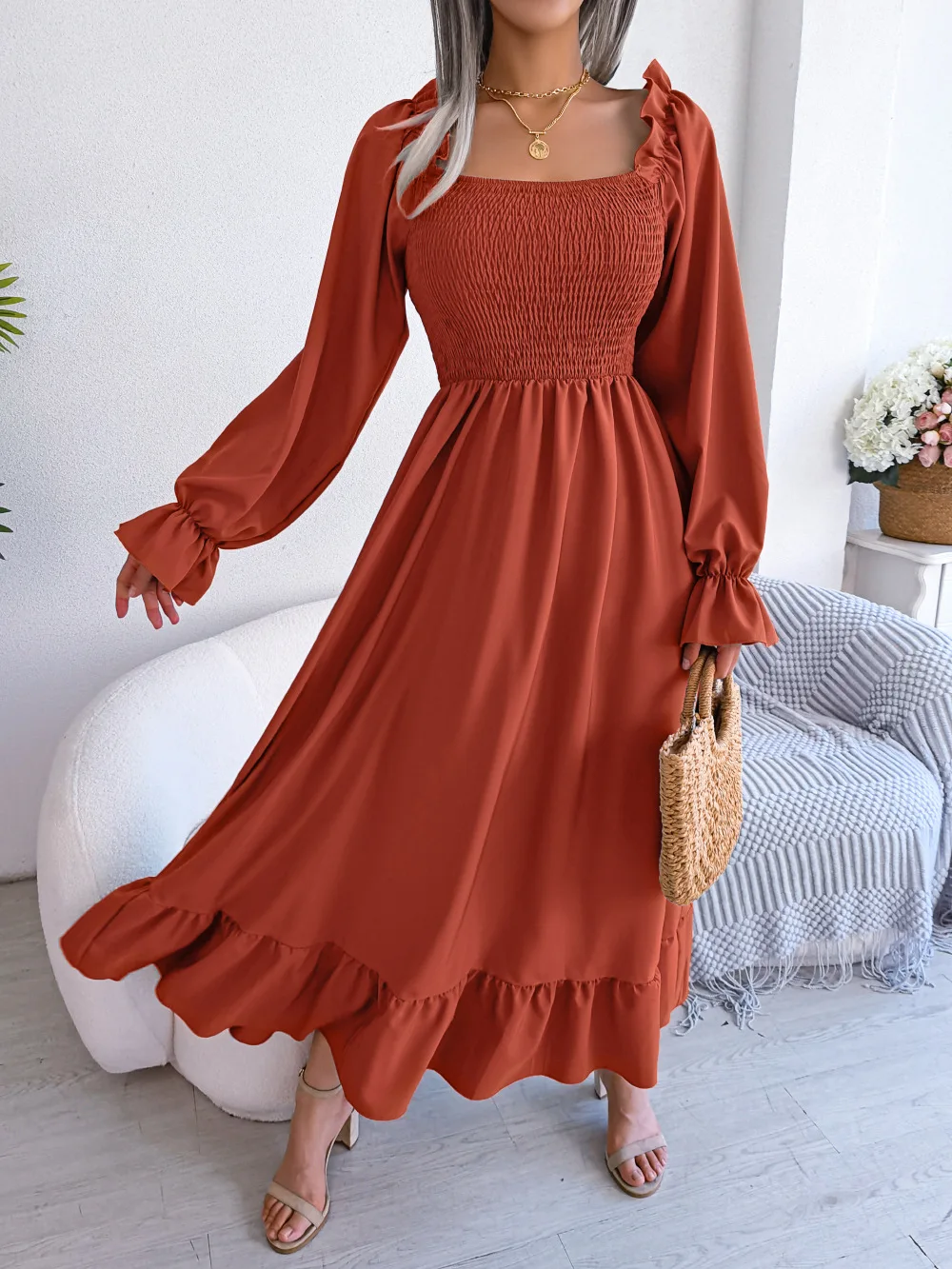 

Casual Square-neck Flared Skirt Large Hem High-waist Pleated Ruffle-sleeved Summer Dress Patchwork Women Elegant Dress 2024
