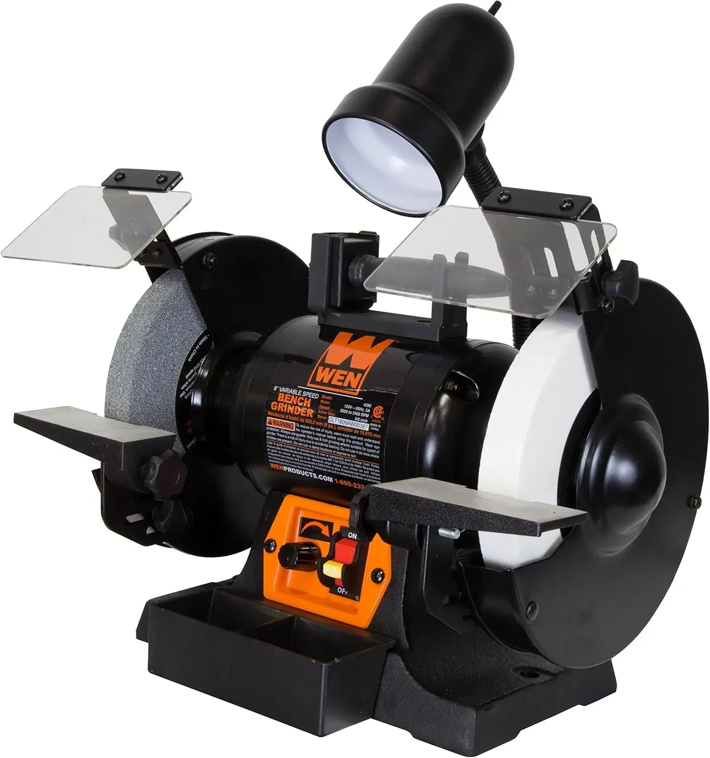 5-Amp 8-Inch Variable Speed Bench Grinder with Flexible Work Light Black orange 2