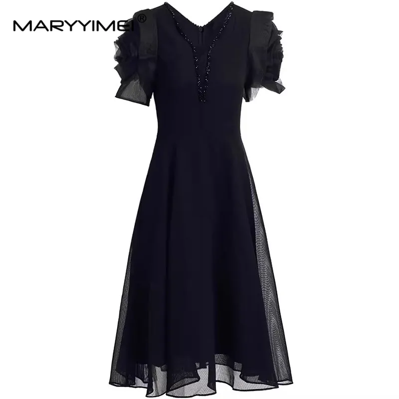

MARYYIMEI New Fashion Runway Designer Women's V-Neck Petal Sleeve Beading Dress High Street Solid Color Dresses