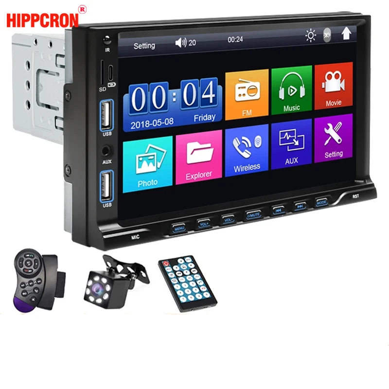 Radio para Auto Hippcron 1 Din, Reproductor Multimedia MP5, Pantalla Táctil de 7 Pulgadas, Entrada Auxiliar FM, Bluetooth, Doble USB, Mirror Link, Radio Universal para Auto 1