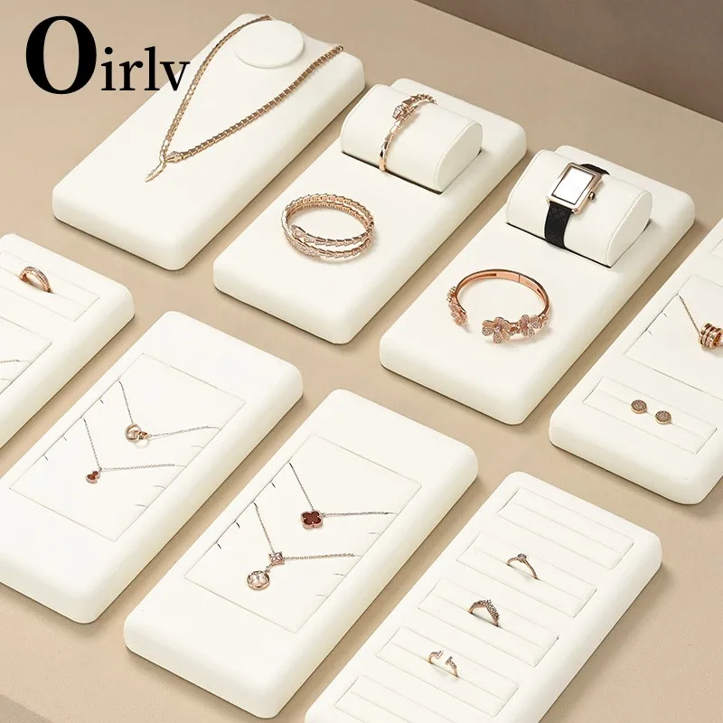 Oirlv White Velvet Jewelry Display Set for Earring Ring Necklace Bangle Shop Trays Counter Jewelry Display Props