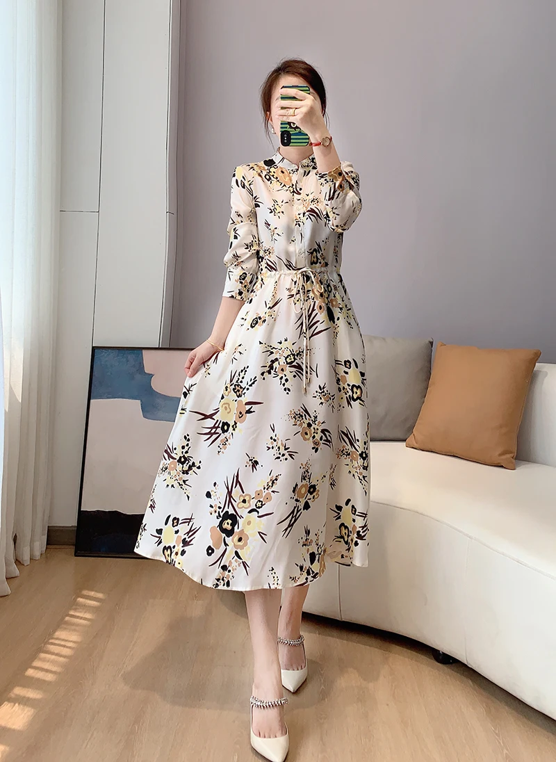 

Thick Silk Floral Print Belted Waist Shirt Midi Dress New Summer Collections US2-US 8