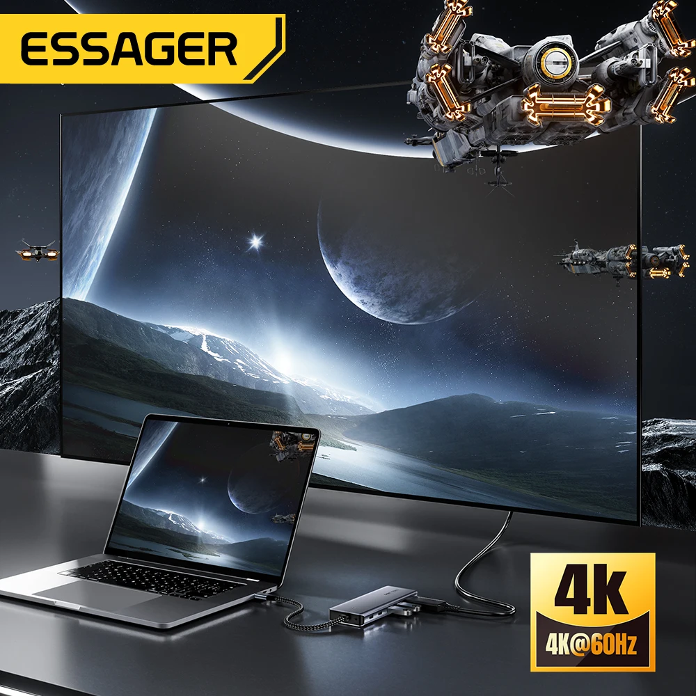 USB Hub Adapter Essager USB C With M.2 SSD Hard Disk Enclosure 6/7 in 1 PD100W USB3.2 10Gbps HDMI USB Type C For Macbook Pro Air PC
