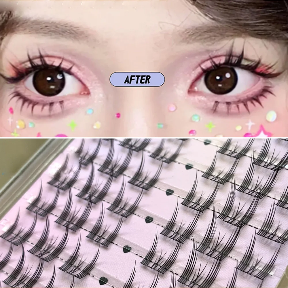 Lash Extension Kit Cat Eye Individual Lashes Ultra-Large Wispy Thin Band Individual Cluster Lashes Kit for Self Application BQI Diy