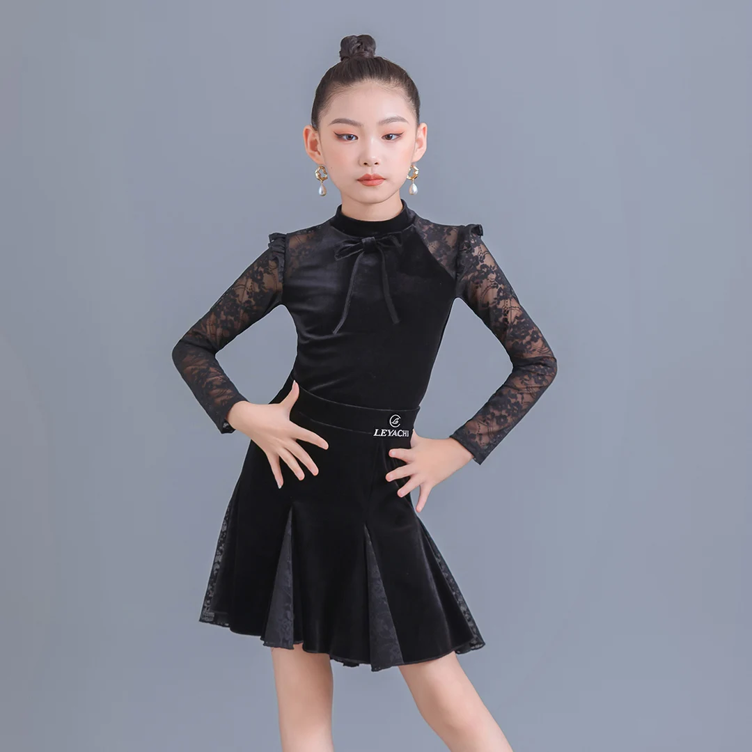 

Black Velvet Latin Dance For Dress Girls Lace Sleeve ChaCha Dance Stage Performance Costume Children Practice Dancewear YS5197