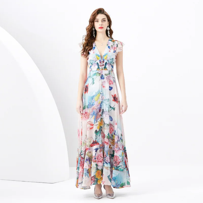 

Spring New Women's Clothing DeepVCollar Single-Breasted Lantern Sleeve Wavy Hem Painted Print Long Dress