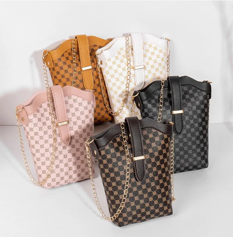 S82be280f814a4ff2b459116e4d861176G New Fashion Plaid Polka Dot Print Single Shoulder Bag Casual Oblique Chain Crossbody Mini Small Bucket Bag Mallzona
