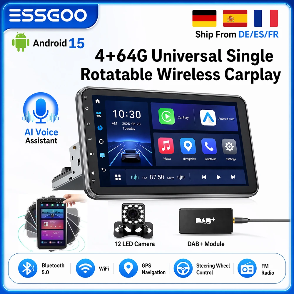 ESSGOO Radio de Auto Universal con Android 15, Pantalla Giratoria de 10.1 Pulgadas, Reproductor Multimedia con Carplay, GPS, Navegador y Estéreo Automotriz 1