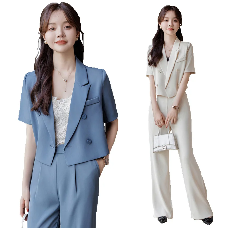 

Office Lady Blazer Suits Summer Two Piece Set Women Short Sleeve Short Blazer + High Waist Wide Leg Long Pants 2 Piece Outfits