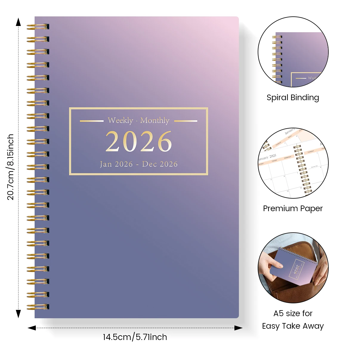 2026년 월간 플래너 A5 스프링 노트 할 일 목록 습관 기록장 보라색 그라데이션 미니멀 디자인 업무/학교 생산성 향상용