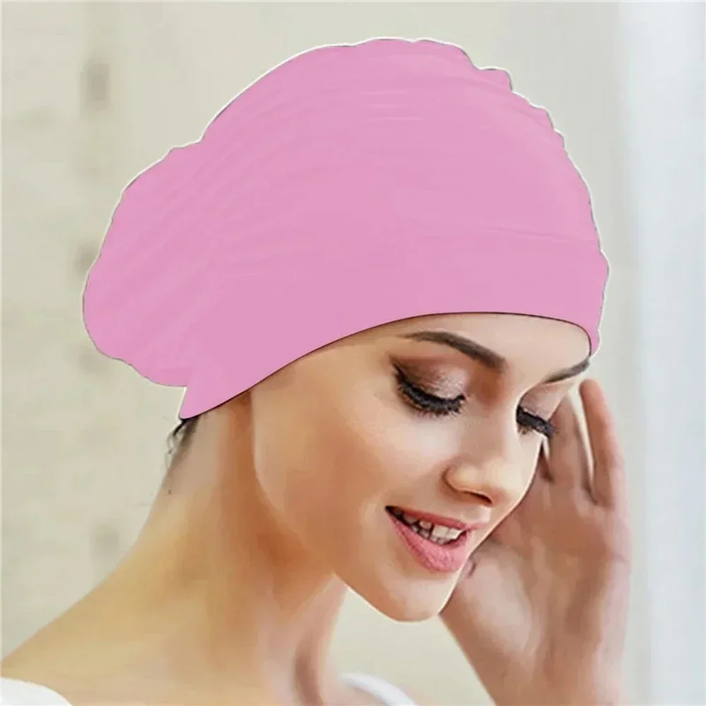 

Elastic Waterproof Swimming Caps Men Women Swimming Pool Cap Protect Ears Long Hair Ultrathin Pleated Nylon Free Size Diving Hat