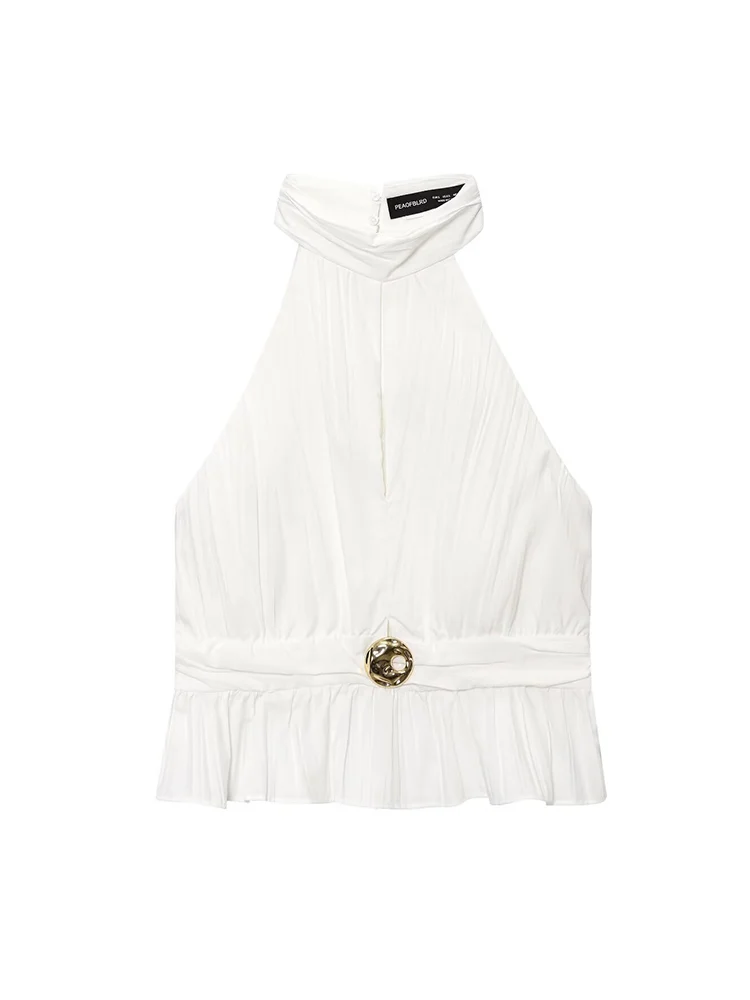 TFMLN Women Stand Collar Top Set A Line Skirt Sets 2025 Fashion Elegant Ruffled Sleeveless O Neck Tank Top Chic Female Suit