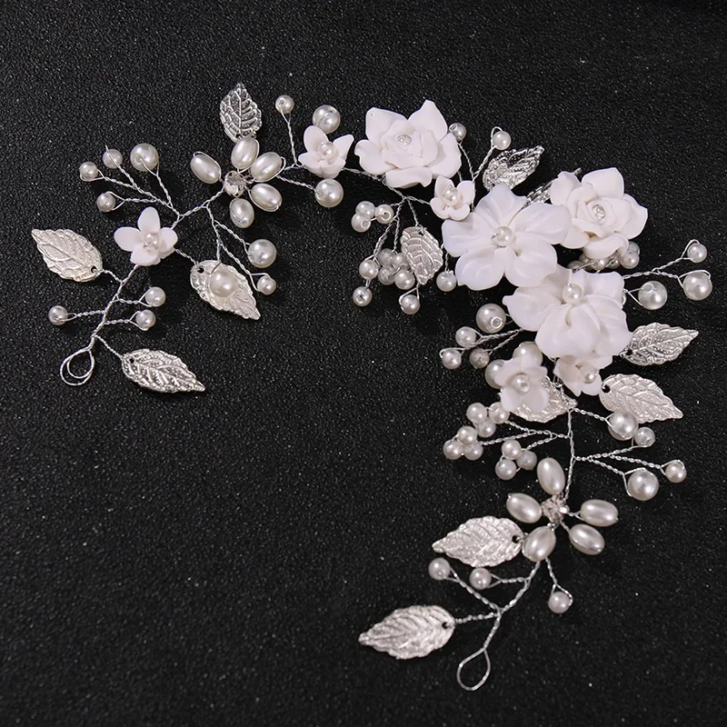 Flower Leaf Pearl Headband Wedding Hair Accessories Rhinestone Bridal Queen Tiara Headband Hair Comb Hairband Jewelry Gift