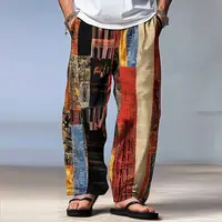 Pantalon Patchwork bloc de couleur pour hommes, taille moyenne, cordon de serrage, taille élastique, hawaïen, décontracté, jambes droites pour l'extérieur 1