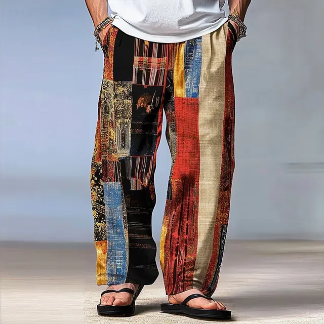 Pantalon Patchwork bloc de couleur pour hommes, taille moyenne, cordon de serrage, taille élastique, hawaïen, décontracté, jambes droites pour l'extérieur 1